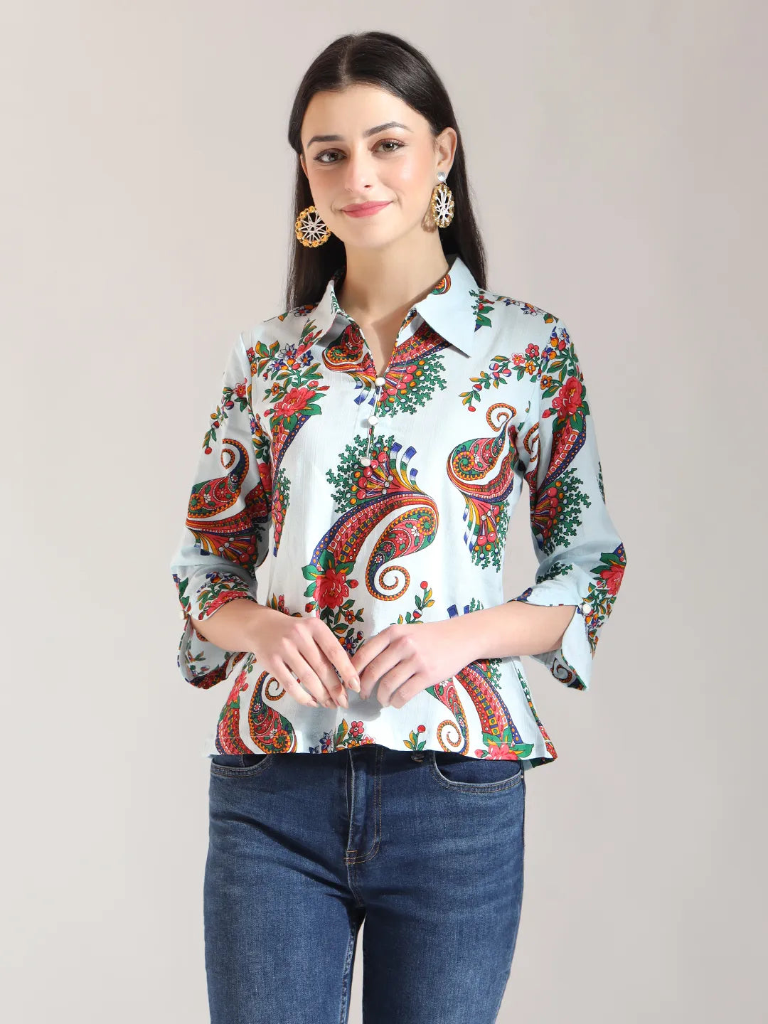 Yufta Sky Blue Pure Cotton Paisley Peplum Top - Distacart