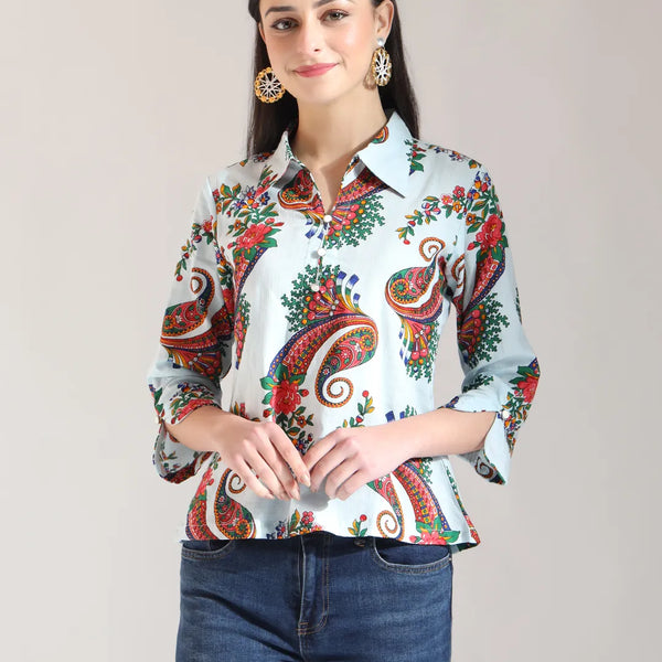 Yufta Sky Blue Pure Cotton Paisley Peplum Top - Distacart