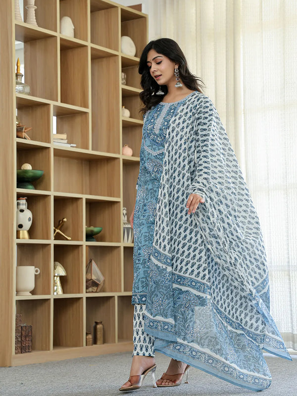 Yufta Sky Blue Pure Cotton Straight Kurta Dupatta Set With Lacework