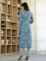 Thumbnail for Yufta Sky Blue Pure Cotton Straight Kurta Dupatta Set With Lacework