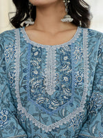 Thumbnail for Yufta Sky Blue Pure Cotton Straight Kurta Dupatta Set With Lacework