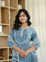 Thumbnail for Yufta Sky Blue Pure Cotton Straight Kurta Dupatta Set With Lacework