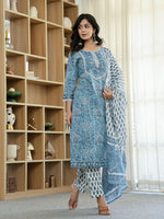 Thumbnail for Yufta Sky Blue Pure Cotton Straight Kurta Dupatta Set With Lacework