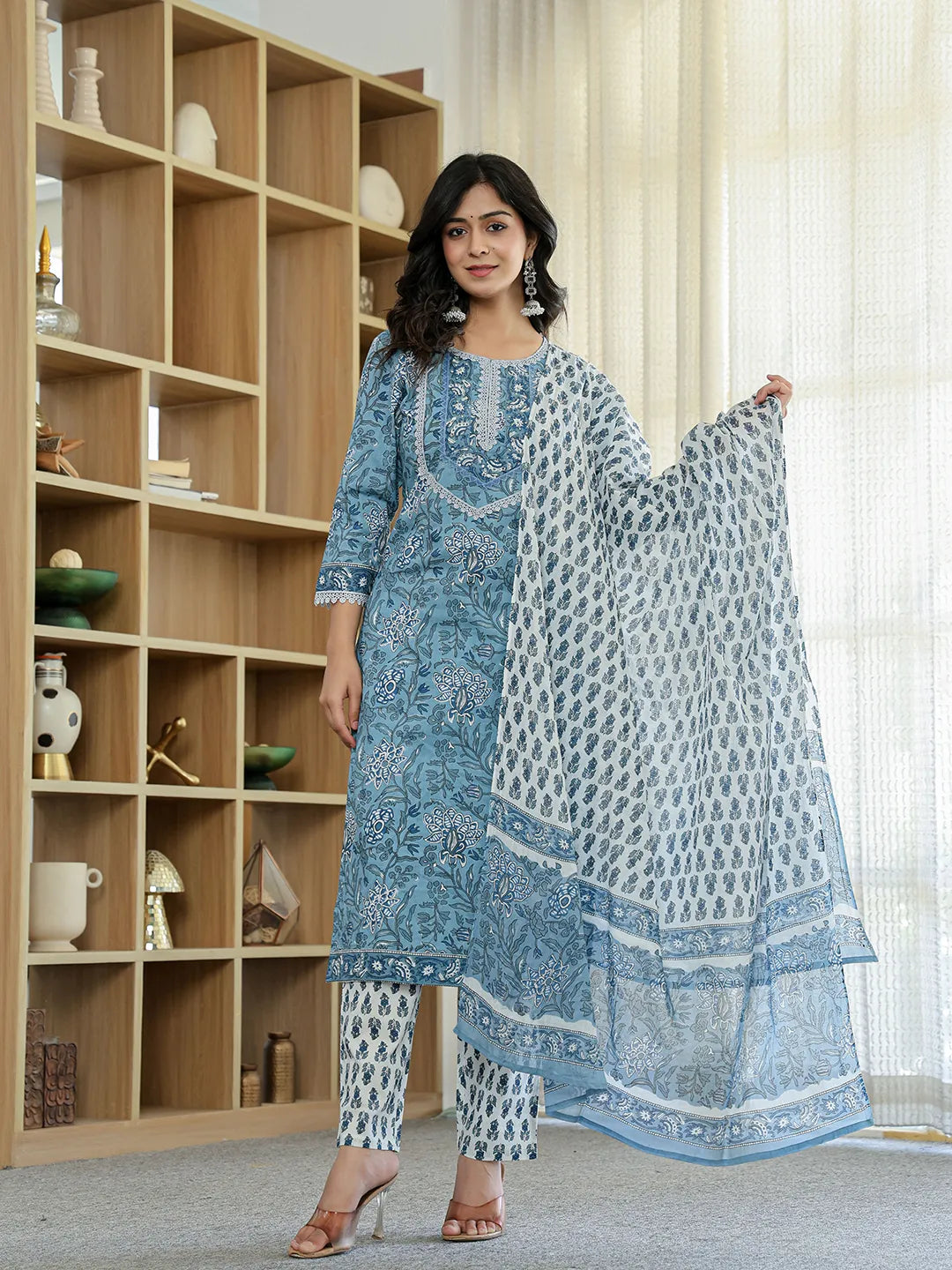 Yufta Sky Blue Pure Cotton Straight Kurta Dupatta Set With Lacework - Distacart