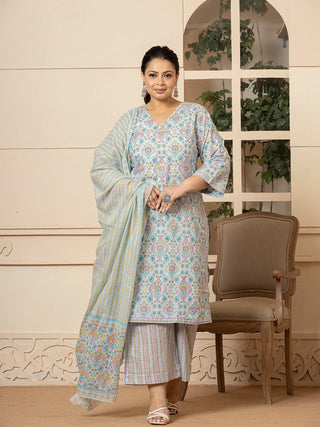 Yufta Sky Blue Pure Cotton Straight Plus Size Kurta With Palazzo Dupatta Set