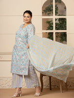 Thumbnail for Yufta Sky Blue Pure Cotton Straight Plus Size Kurta With Palazzo Dupatta Set - Distacart