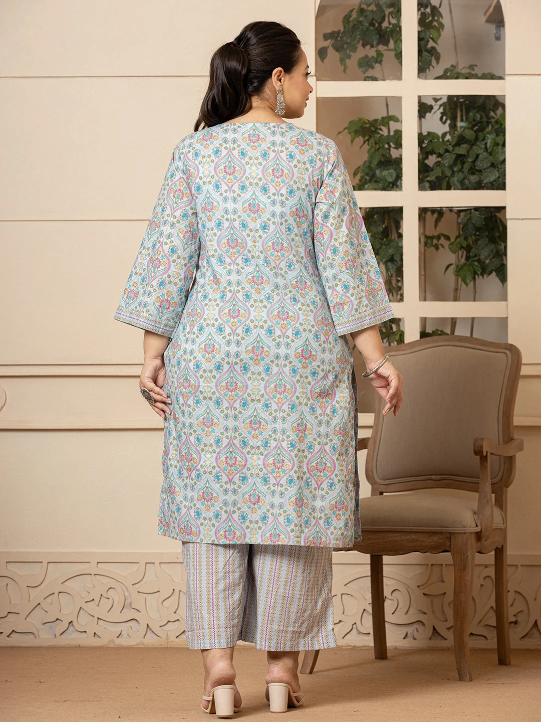 Yufta Sky Blue Pure Cotton Straight Plus Size Kurta With Palazzo Dupatta Set - Distacart