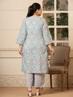 Thumbnail for Yufta Sky Blue Pure Cotton Straight Plus Size Kurta With Palazzo Dupatta Set - Distacart