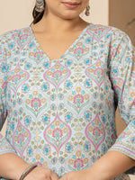 Thumbnail for Yufta Sky Blue Pure Cotton Straight Plus Size Kurta With Palazzo Dupatta Set - Distacart