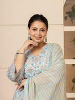 Thumbnail for Yufta Sky Blue Pure Cotton Straight Plus Size Kurta With Palazzo Dupatta Set - Distacart