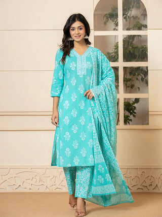 Yufta Sky Blue Sequins_Work Pure Cotton Straight Kurta Dupatta Set