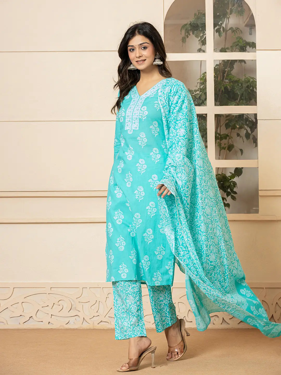 Yufta Sky Blue Sequins_Work Pure Cotton Straight Kurta Dupatta Set - Distacart