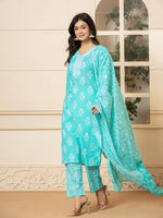Thumbnail for Yufta Sky Blue Sequins_Work Pure Cotton Straight Kurta Dupatta Set - Distacart