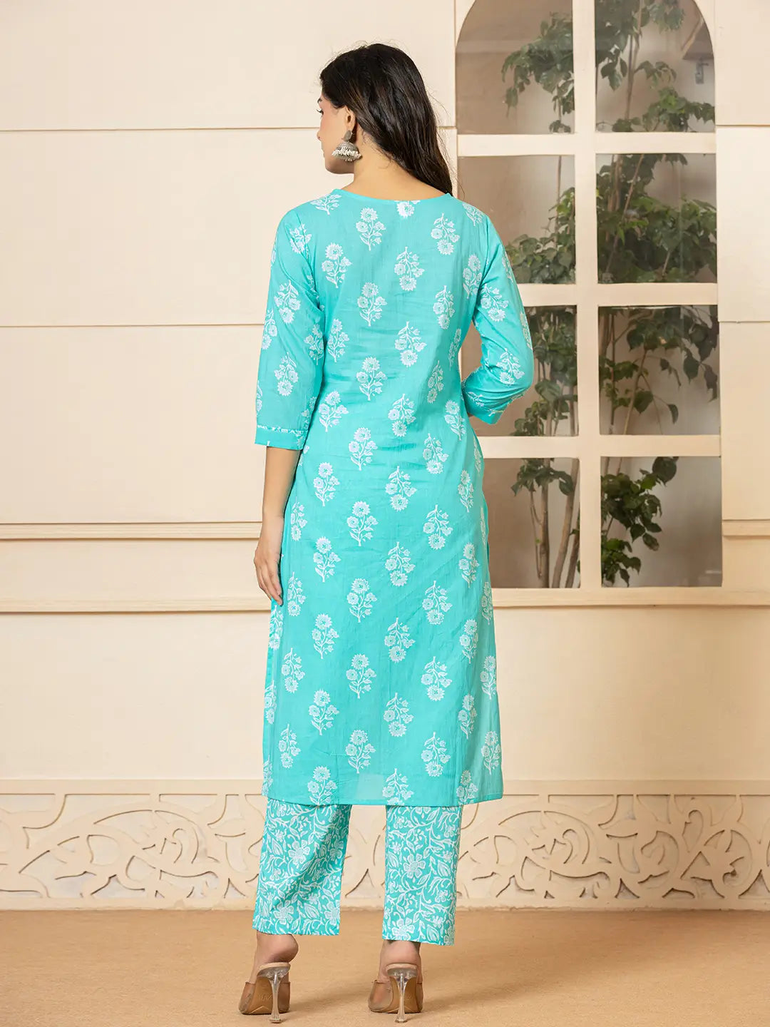 Yufta Sky Blue Sequins_Work Pure Cotton Straight Kurta Dupatta Set - Distacart