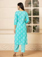 Thumbnail for Yufta Sky Blue Sequins_Work Pure Cotton Straight Kurta Dupatta Set - Distacart