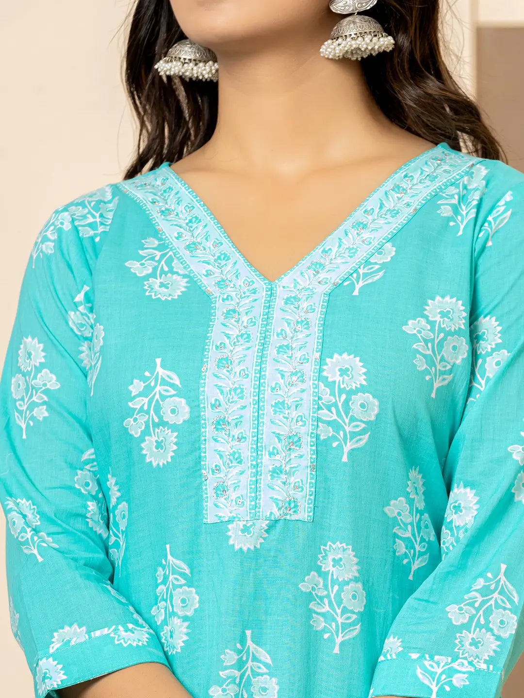 Yufta Sky Blue Sequins_Work Pure Cotton Straight Kurta Dupatta Set - Distacart