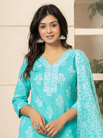 Thumbnail for Yufta Sky Blue Sequins_Work Pure Cotton Straight Kurta Dupatta Set - Distacart