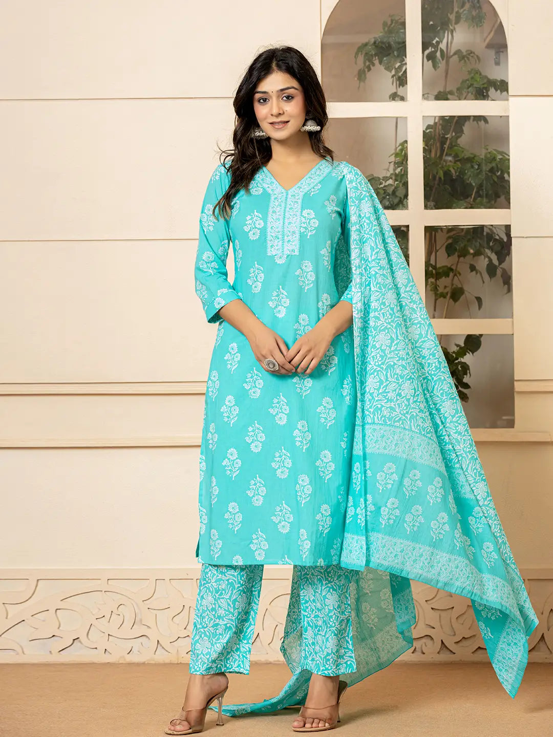 Yufta Sky Blue Sequins_Work Pure Cotton Straight Kurta Dupatta Set - Distacart