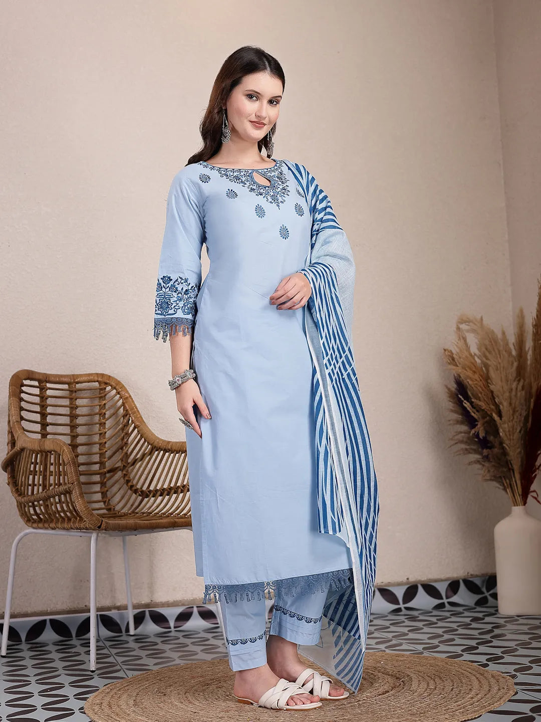 Yufta Sky Blue Solid Thread Work Straight Kurta Trouser Dupatta Set - Distacart