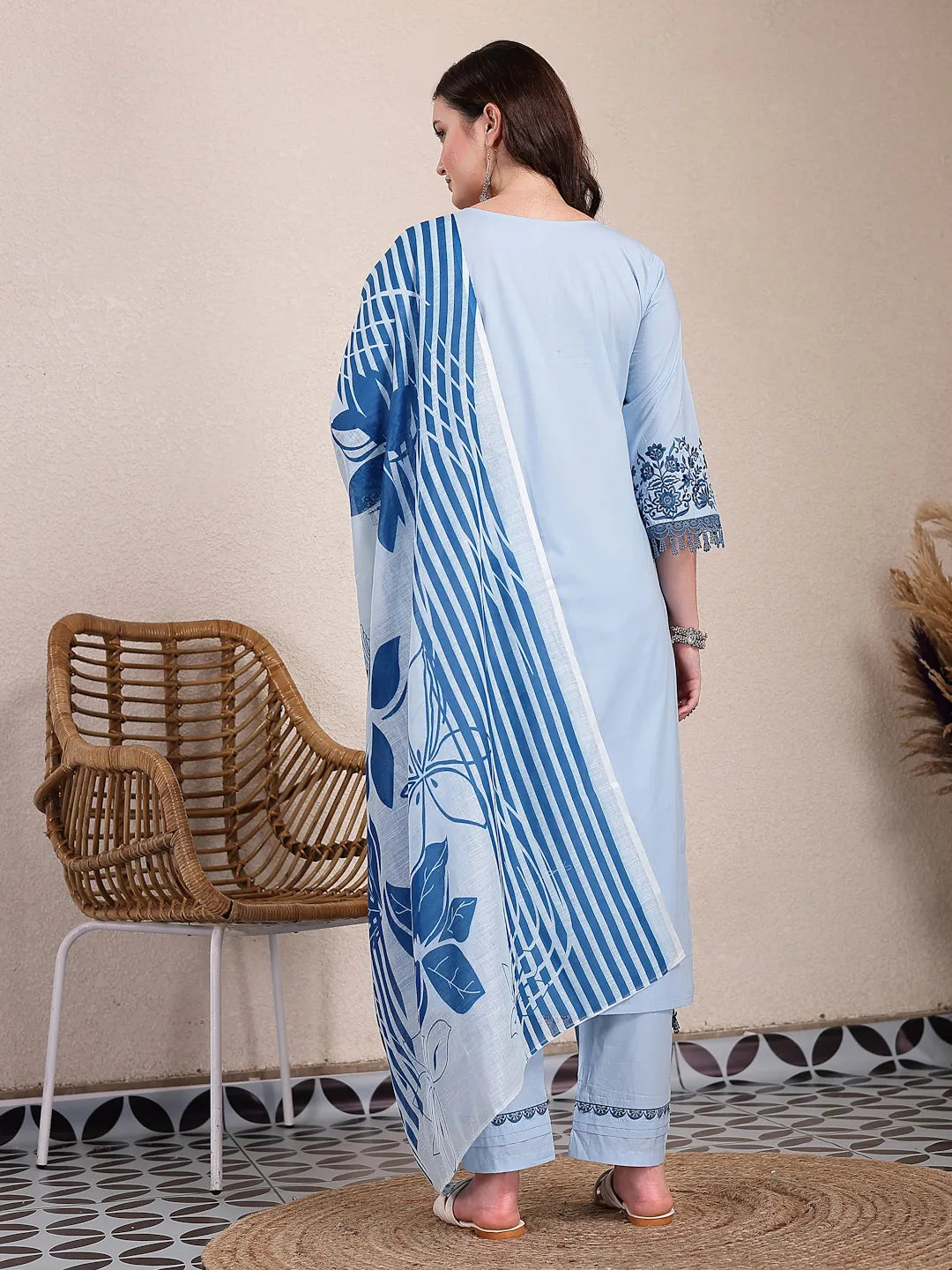 Yufta Sky Blue Solid Thread Work Straight Kurta Trouser Dupatta Set