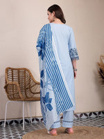 Thumbnail for Yufta Sky Blue Solid Thread Work Straight Kurta Trouser Dupatta Set