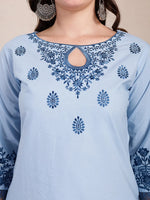 Thumbnail for Yufta Sky Blue Solid Thread Work Straight Kurta Trouser Dupatta Set