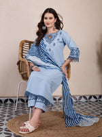 Thumbnail for Yufta Sky Blue Solid Thread Work Straight Kurta Trouser Dupatta Set