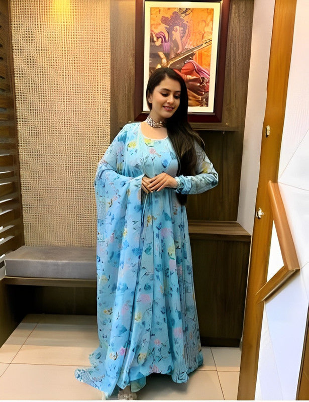 Dishitha Creation Women Floral Printed Designer Gown - Sky Blue - Distacart