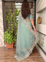 Thumbnail for Evanik Leno Net Organza Embroidered Work Saree With Unstitched Blouse - Distacart