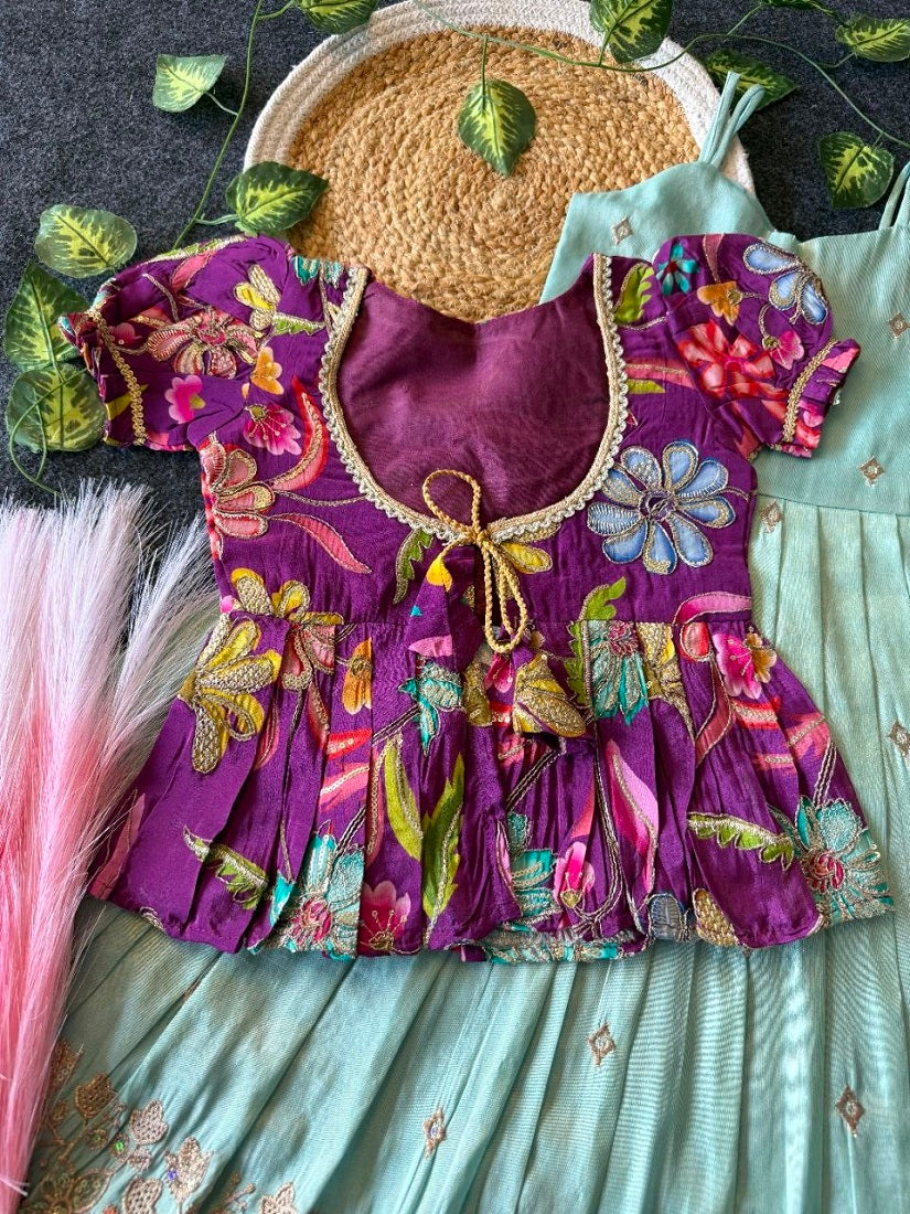Evanik Designer Blue Tissue Silk Embroidered Work Gown With koti for Kids - Dista