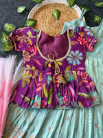 Thumbnail for Evanik Designer Blue Tissue Silk Embroidered Work Gown With koti for Kids - Dista