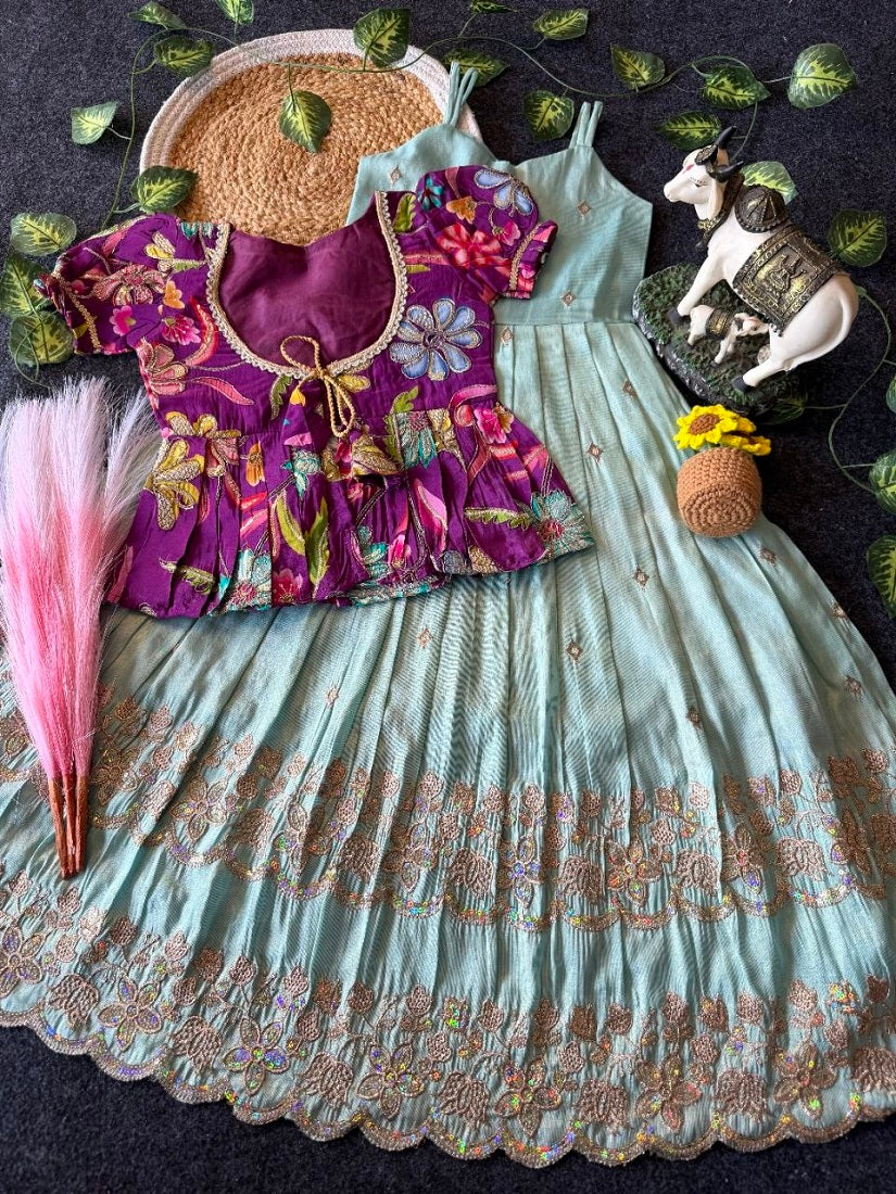 Evanik Designer Blue Tissue Silk Embroidered Work Gown With koti for Kids - Dista