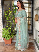 Thumbnail for Evanik Leno Net Organza Embroidered Work Saree With Unstitched Blouse - Distacart