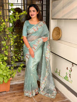 Thumbnail for Evanik Leno Net Organza Embroidered Work Saree With Unstitched Blouse - Distacart