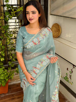 Thumbnail for Evanik Leno Net Organza Embroidered Work Saree With Unstitched Blouse - Distacart