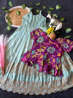 Thumbnail for Evanik Designer Blue Tissue Silk Embroidered Work Gown With koti for Kids - Dista