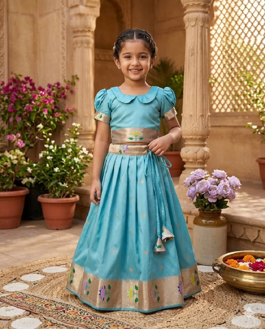 Evanik Blue Soft Silk Paithani Design Zari Weaving Pavadai Lehenga Choli For Kids - Dista