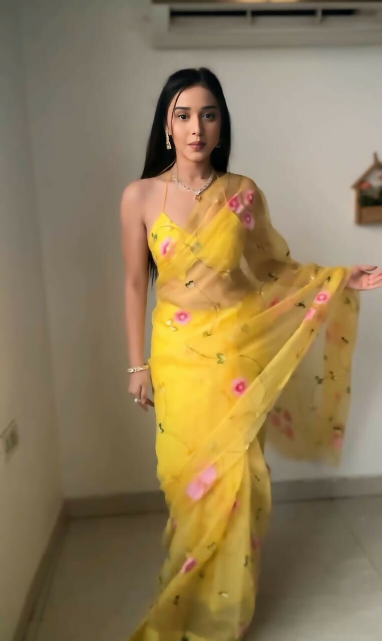 Malishka Organza Silk Printed Ready To Wear Saree With Blouse Piece - Yellow - Distacart