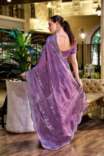Thumbnail for Vastranavya Lavender Embroidery Work Shimmer Chiffon Saree with Unstitched Blouse