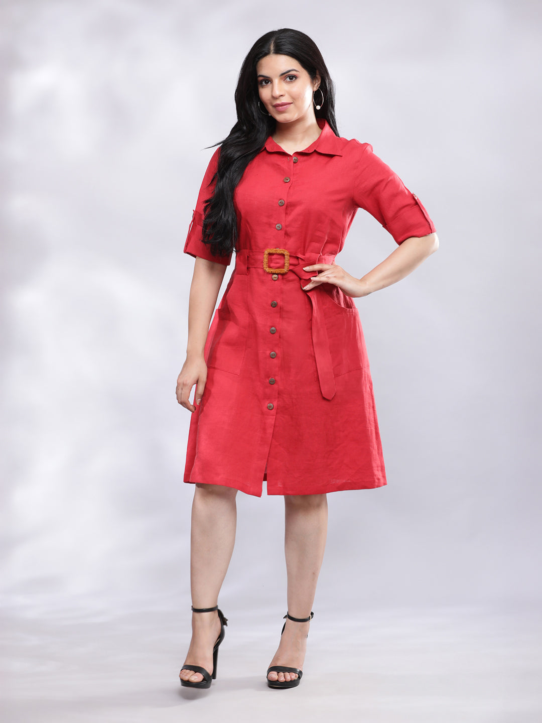 BohoJazz Smart Casual Red Linen Shirt Dress