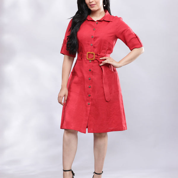 BohoJazz Smart Casual Red Linen Shirt Dress