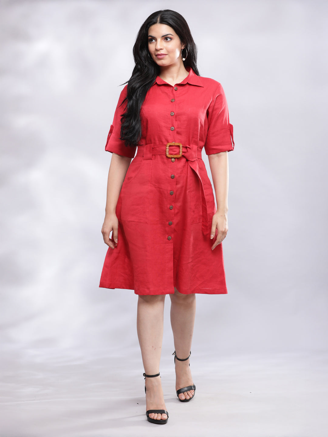 BohoJazz Smart Casual Red Linen Shirt Dress