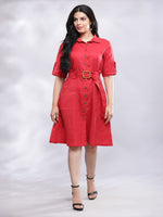 Thumbnail for BohoJazz Smart Casual Red Linen Shirt Dress