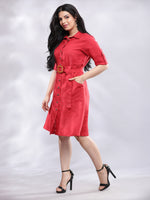 Thumbnail for BohoJazz Smart Casual Red Linen Shirt Dress