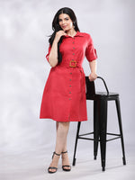Thumbnail for BohoJazz Smart Casual Red Linen Shirt Dress