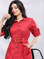 Thumbnail for BohoJazz Smart Casual Red Linen Shirt Dress