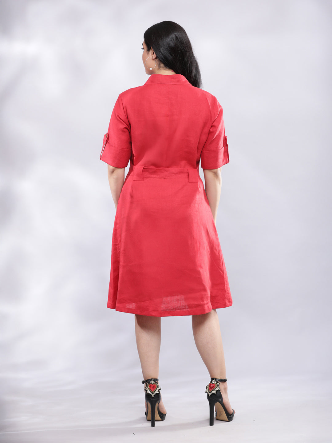 BohoJazz Smart Casual Red Linen Shirt Dress