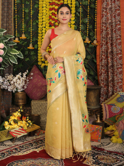 Shree Shyam Fashion Linen Cotton Yellow Saree - Distacart