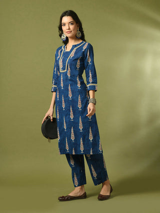 Myshka Women's Blue Printed Cotton Straight Party Kurta Set - Distacart