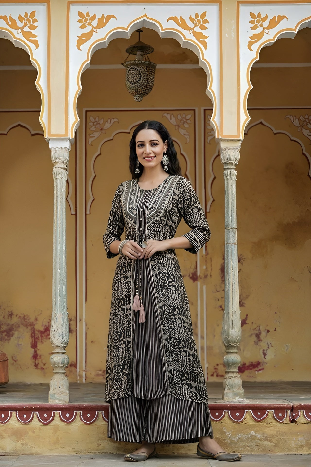 Juniper Women`s Black Rayon Staple Embroidered & Printed A-Line Kurta Sets - Distacart
